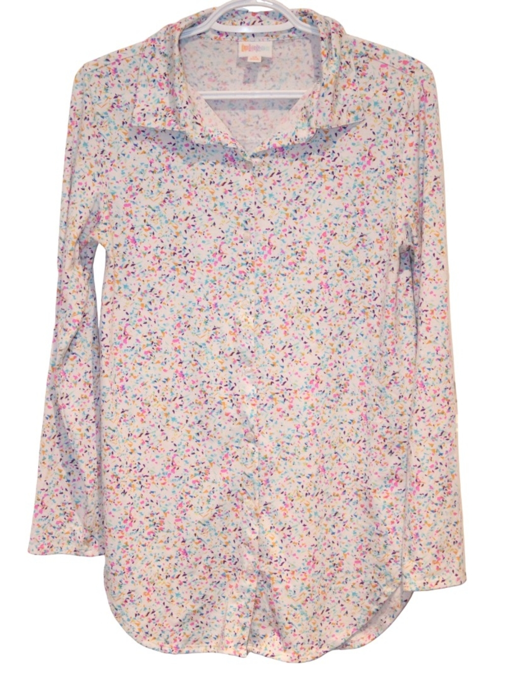 2/$30 🏷 Lularoe White Rainbow Confetti Print Valentina Shirt Size XS